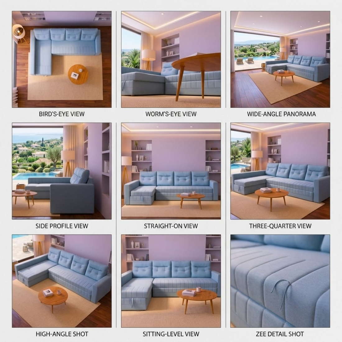 modern light blue l shaped tufted sofa with chaise lounge. modern light blue l shaped tufted sofa with chaise lounge.