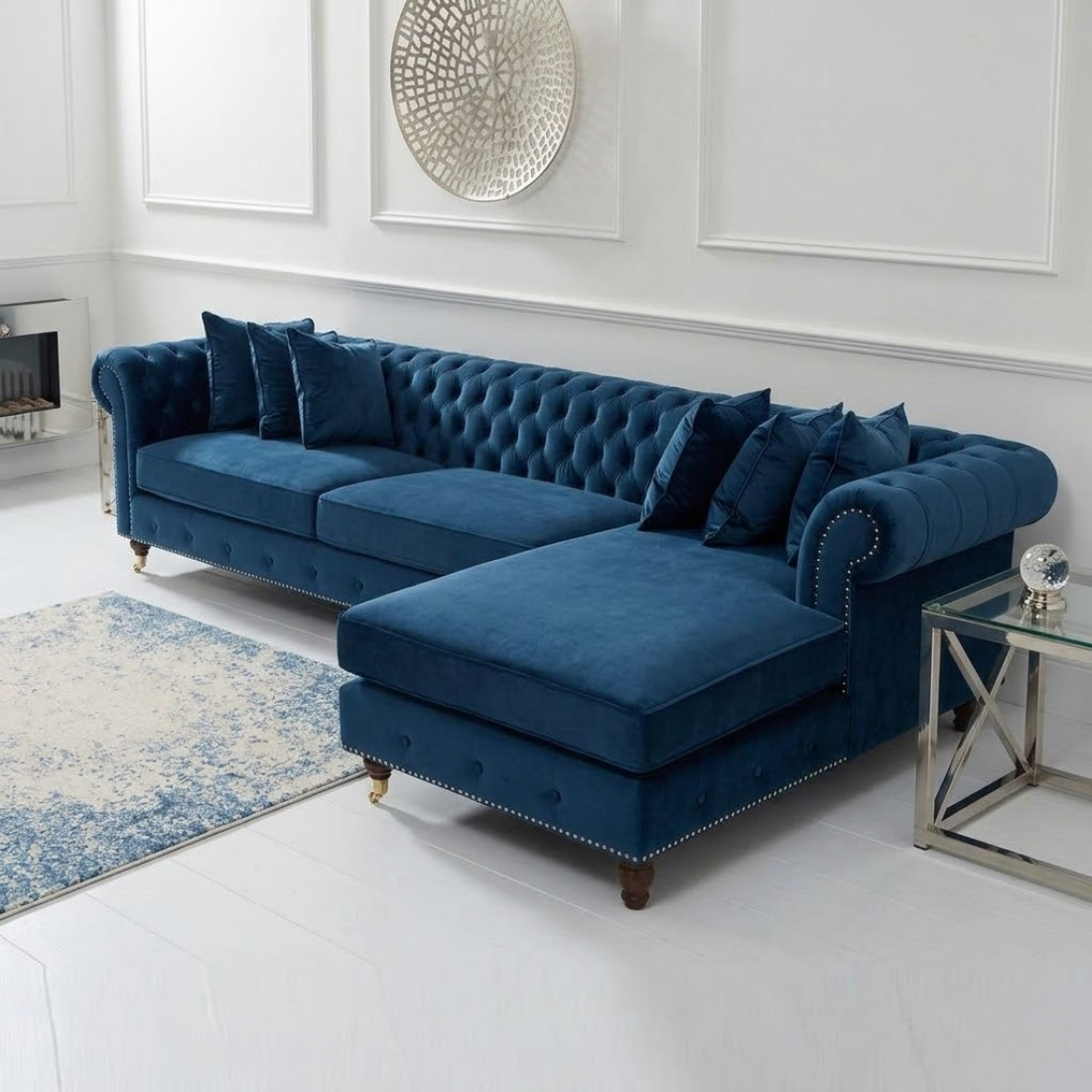 taxzek chesterfield l shaped sectional sofa with chaise, blue velvet, button tufted, nailhead trim, living room taxzek chesterfield l shaped sectional sofa with chaise, blue velvet, button tufted, nailhead trim, living room