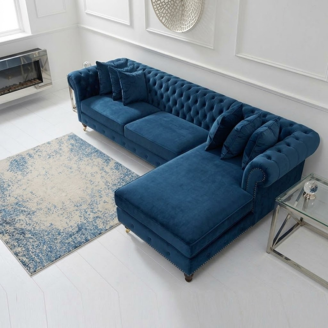 taxzek chesterfield l shaped sectional sofa with chaise, blue velvet, button tufted, nailhead trim, living room taxzek chesterfield l shaped sectional sofa with chaise, blue velvet, button tufted, nailhead trim, living room