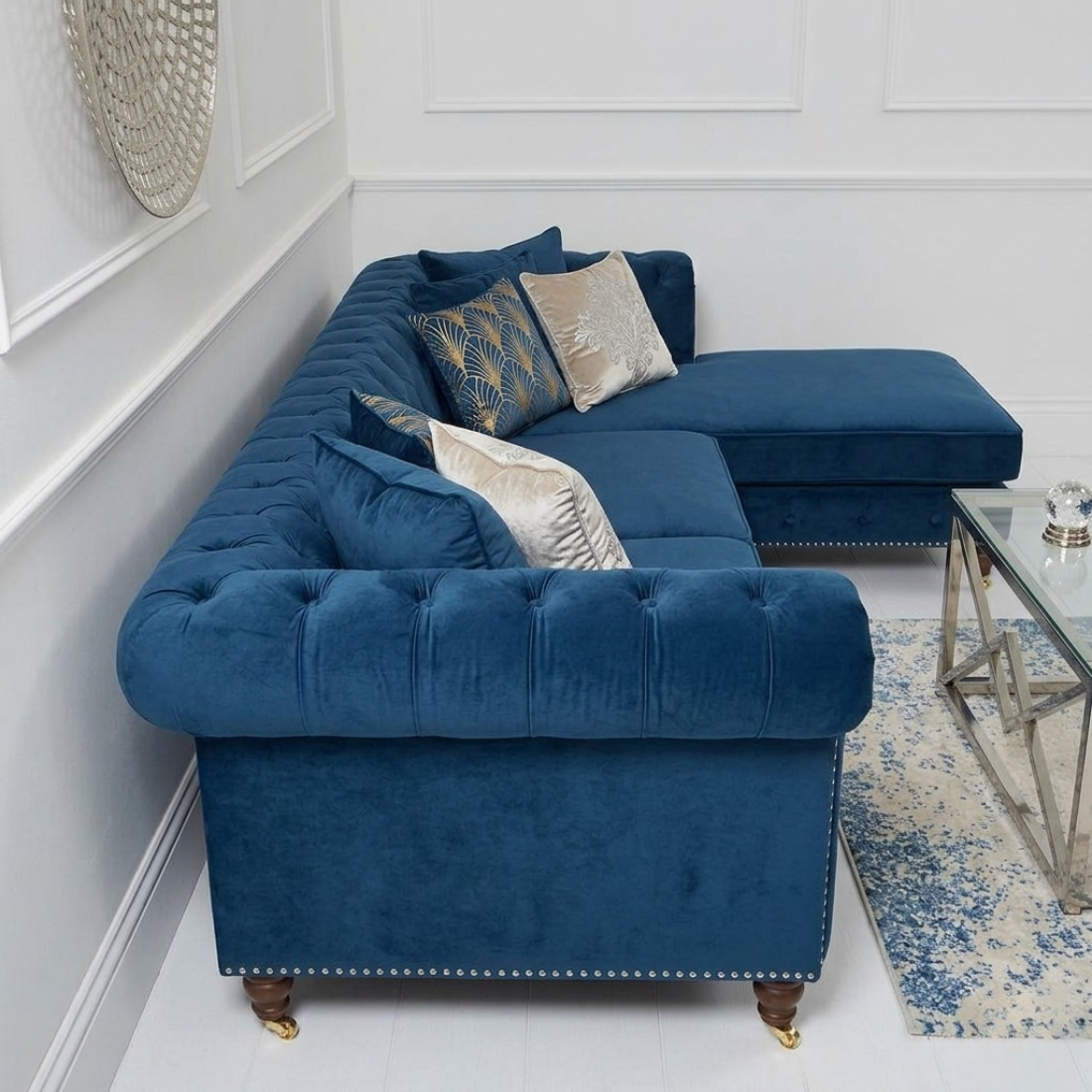 taxzek chesterfield l shaped sectional sofa with chaise, blue velvet, button tufted, nailhead trim, living room taxzek chesterfield l shaped sectional sofa with chaise, blue velvet, button tufted, nailhead trim, living room