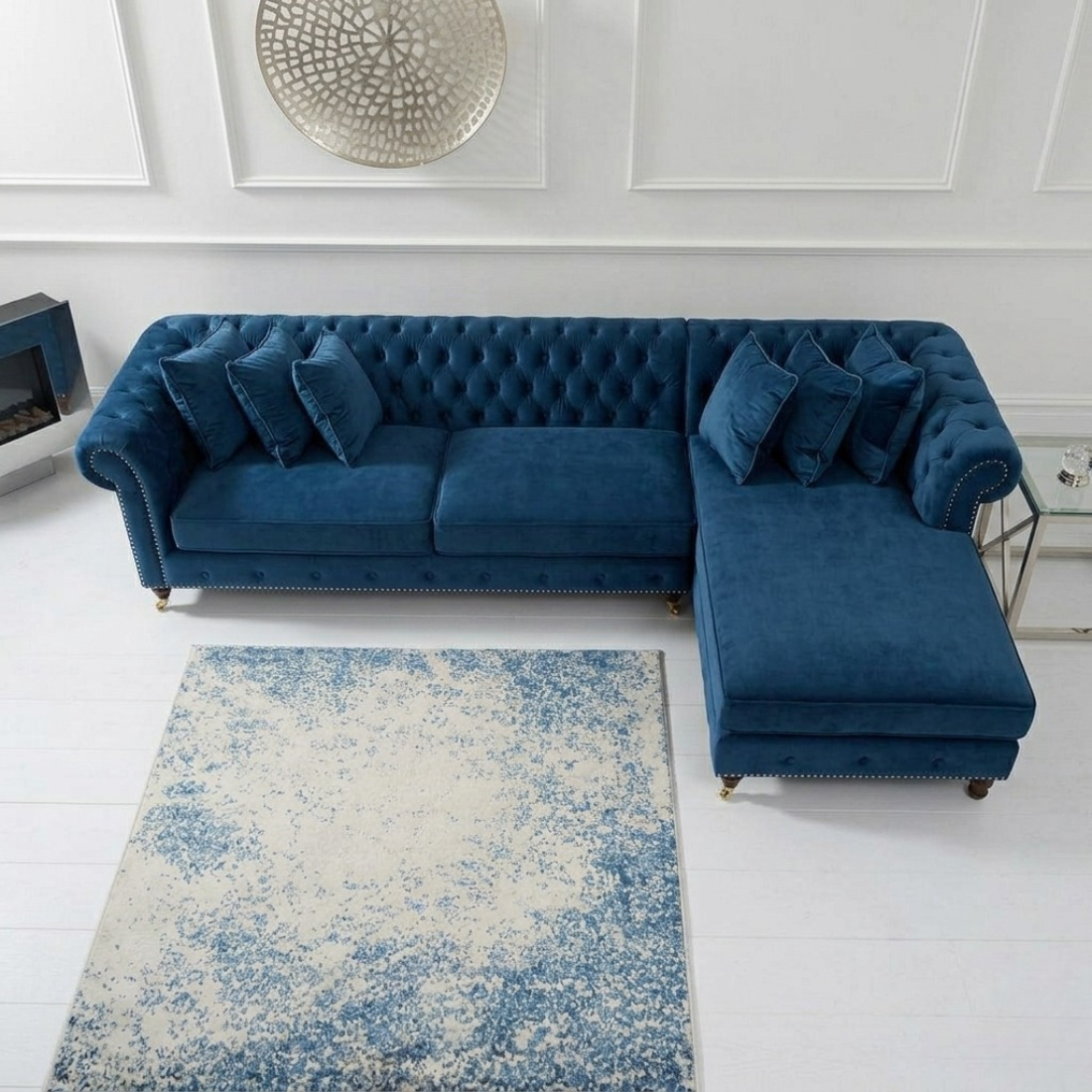taxzek chesterfield l shaped sectional sofa with chaise, blue velvet, button tufted, nailhead trim, living room taxzek chesterfield l shaped sectional sofa with chaise, blue velvet, button tufted, nailhead trim, living room