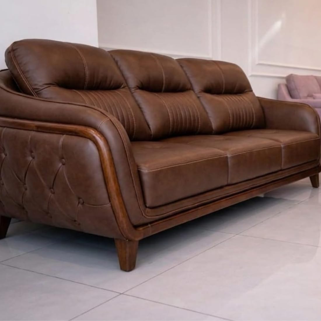 luxury leather sofa| brown| tufted back| wooden frame| modern style luxury leather sofa| brown| tufted back| wooden frame| modern style
