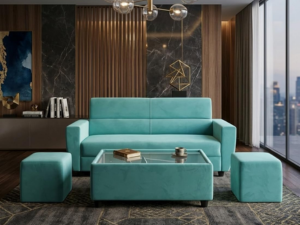 velvet sofa set with coffee table and 2 ottomans, teal, modern living room furniture, 4 piece set