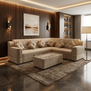 l shaped sectional sofa set with ottoman, beige velvet upholstery, tufted back, living room furniture