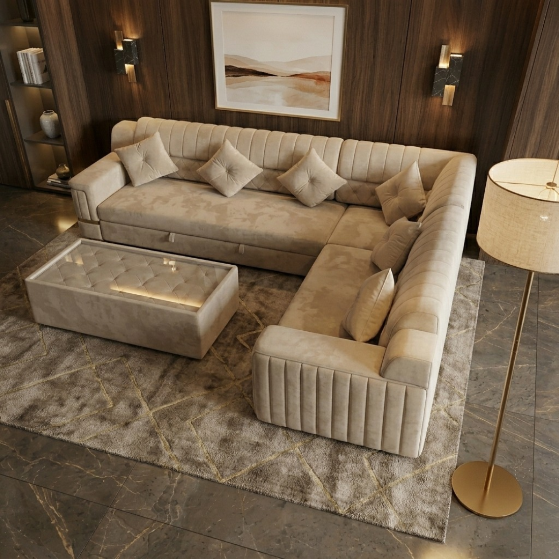 l shaped sectional sofa set with ottoman, beige velvet upholstery, tufted back, living room furniture l shaped sectional sofa set with ottoman, beige velvet upholstery, tufted back, living room furniture