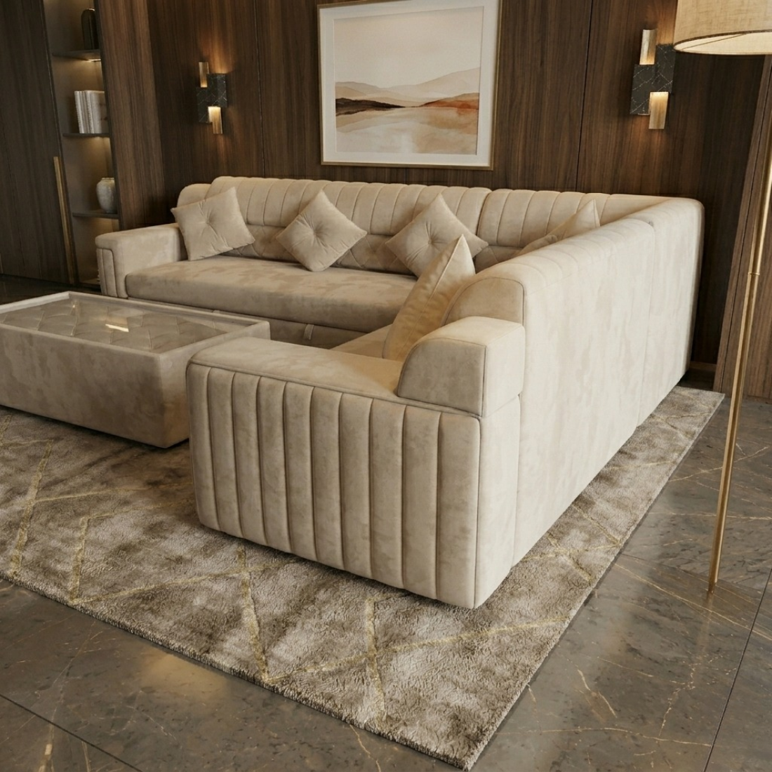 l shaped sectional sofa set with ottoman, beige velvet upholstery, tufted back, living room furniture l shaped sectional sofa set with ottoman, beige velvet upholstery, tufted back, living room furniture