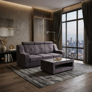 luxury velvet sofa set with coffee table, dark grey, tufted back, modern style, living room furniture