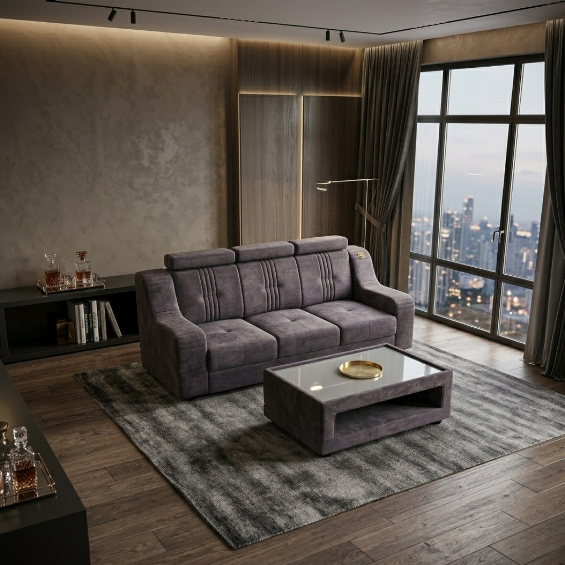 luxury velvet sofa set with coffee table, dark grey, tufted back, modern style, living room furniture luxury velvet sofa set with coffee table, dark grey, tufted back, modern style, living room furniture