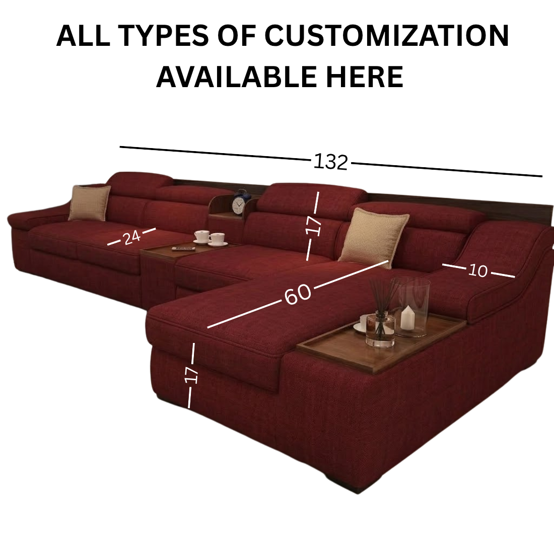 l shaped sectional sofa with built in side tables, red fabric | chaise lounge design, adjustable headrests, living room use, wooden tray armrests, multi seater l shaped sectional sofa with built in side tables, red fabric | chaise lounge design, adjustable headrests, living room use, wooden tray armrests, multi seater