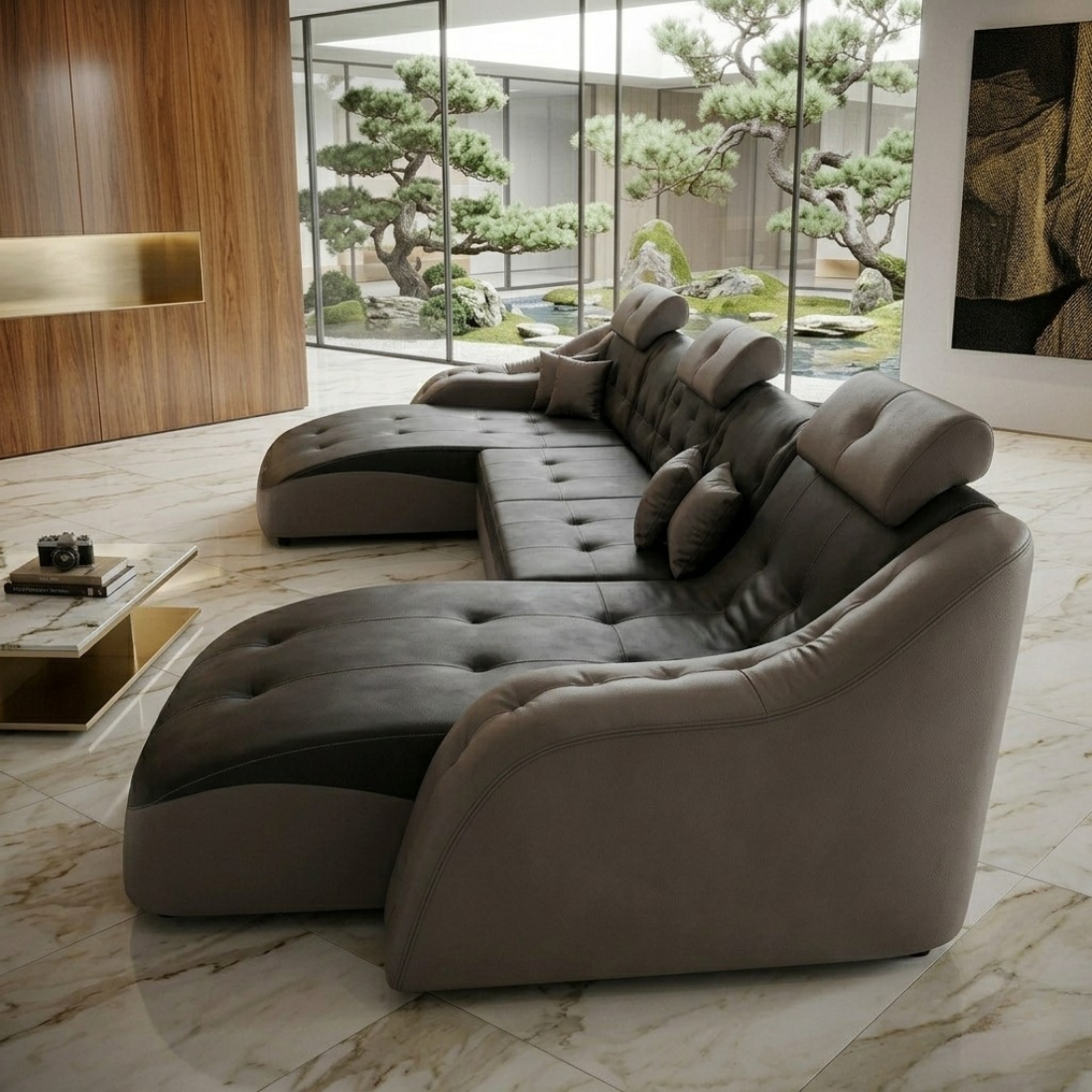 modern u shaped sectional sofa with tufted design | adjustable headrests | dark grey and grey | for living room modern u shaped sectional sofa with tufted design | adjustable headrests | dark grey and grey | for living room