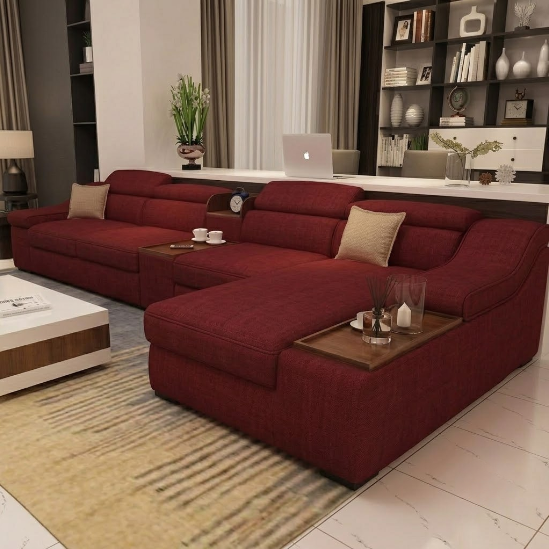 l shaped sectional sofa with built in side tables, red fabric | chaise lounge design, adjustable headrests, living room use, wooden tray armrests, multi seater l shaped sectional sofa with built in side tables, red fabric | chaise lounge design, adjustable headrests, living room use, wooden tray armrests, multi seater