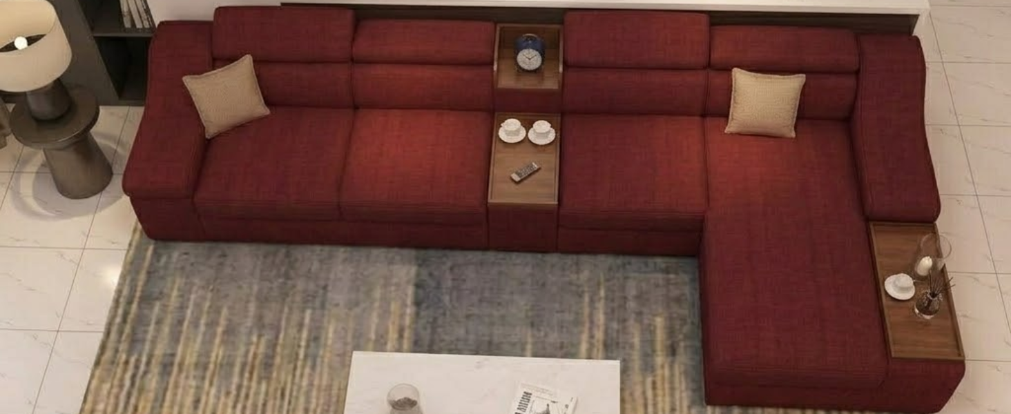 l shaped sectional sofa with built in side tables, red fabric | chaise lounge design, adjustable headrests, living room use, wooden tray armrests, multi seater l shaped sectional sofa with built in side tables, red fabric | chaise lounge design, adjustable headrests, living room use, wooden tray armrests, multi seater
