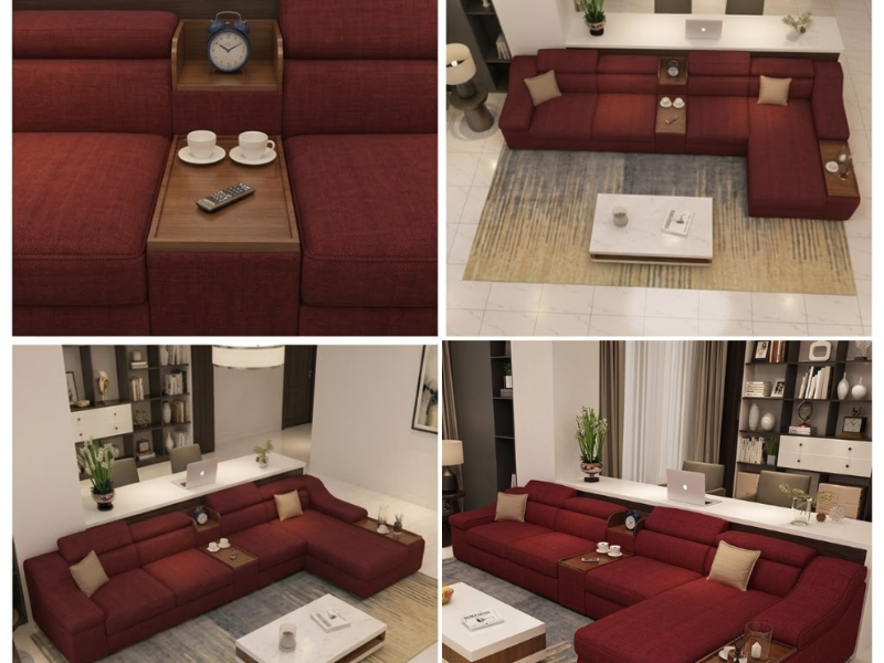 l shaped sectional sofa with built in side tables, red fabric | chaise lounge design, adjustable headrests, living room use, wooden tray armrests, multi seater l shaped sectional sofa with built in side tables, red fabric | chaise lounge design, adjustable headrests, living room use, wooden tray armrests, multi seater