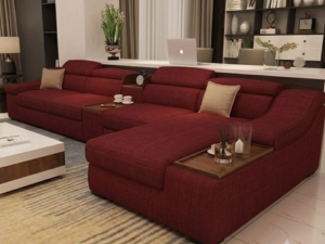 l shaped sectional sofa with built in side tables, red fabric | chaise lounge design, adjustable headrests, living room use, wooden tray armrests, multi seater