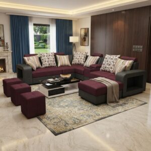 taxzek modern u shape 6 seater fabric sectional sofa wine red + grey | with chaise longue| built in cupholders| 3 pouffes included| throw pillows included| living room sofa set